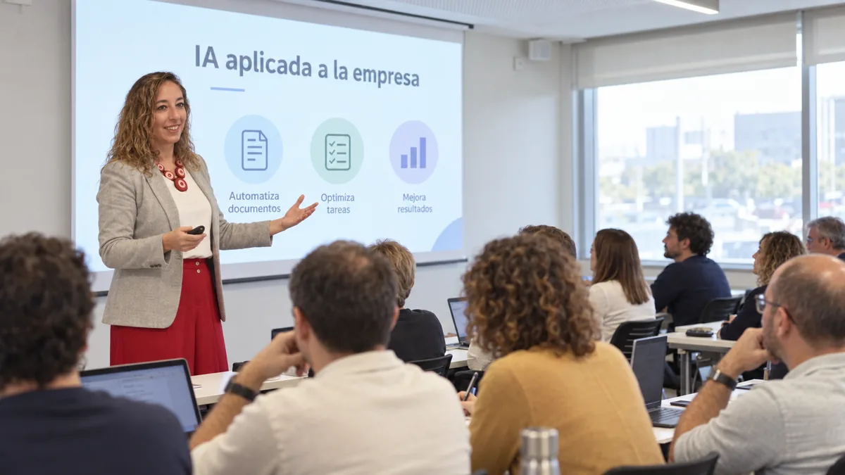 Formación de IA aplicada a la empresa ante un grupo de asistentes con portátiles