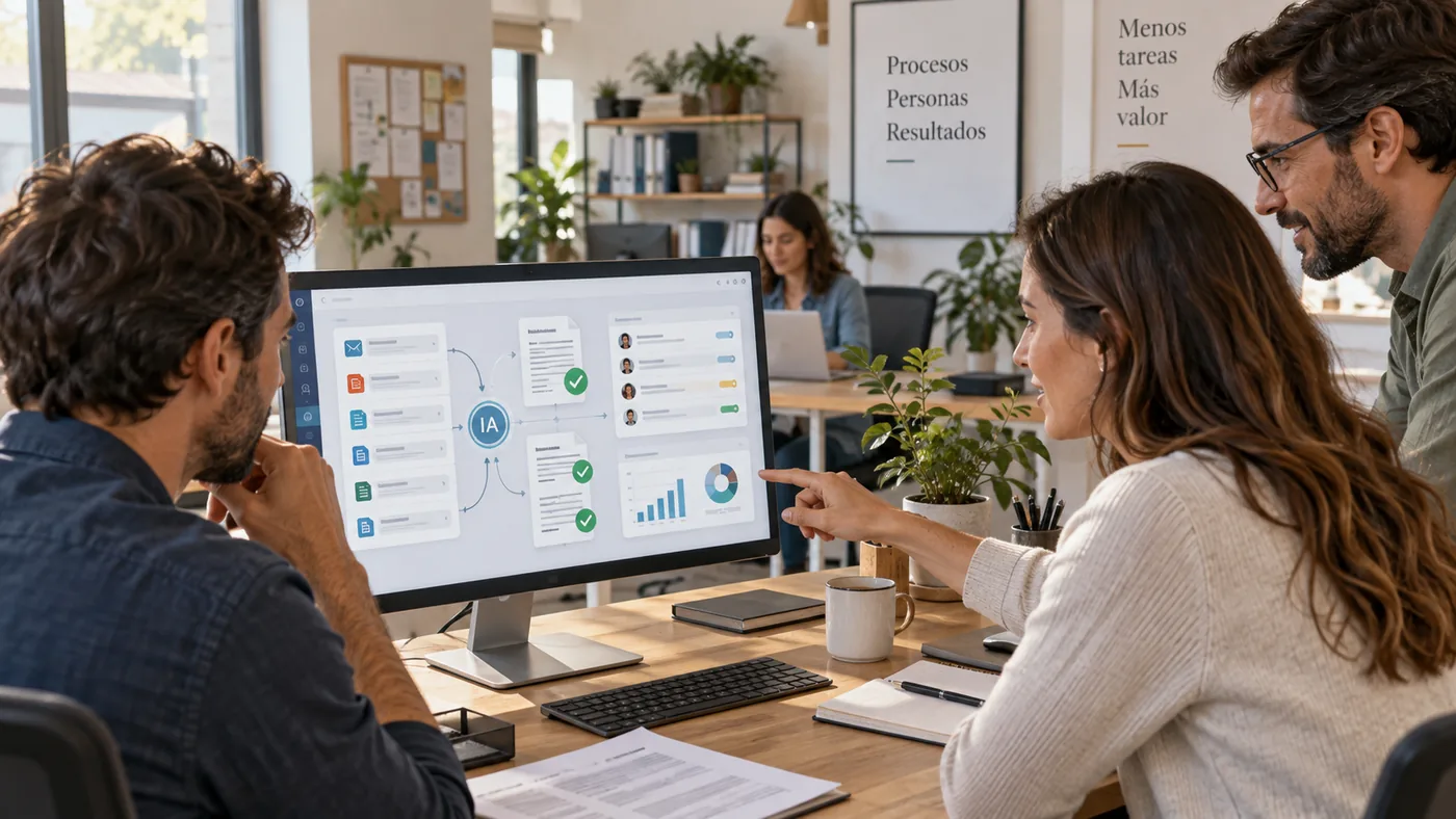 Un equipo revisando en pantalla un flujo de trabajo automatizado